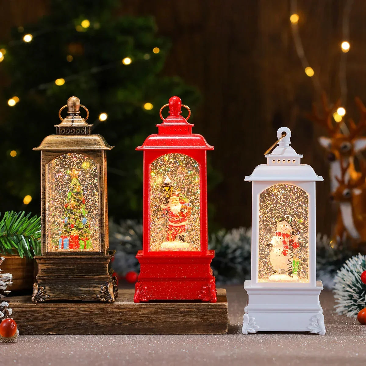 Holiday Lantern Illuminated Snowfall Santa Scene