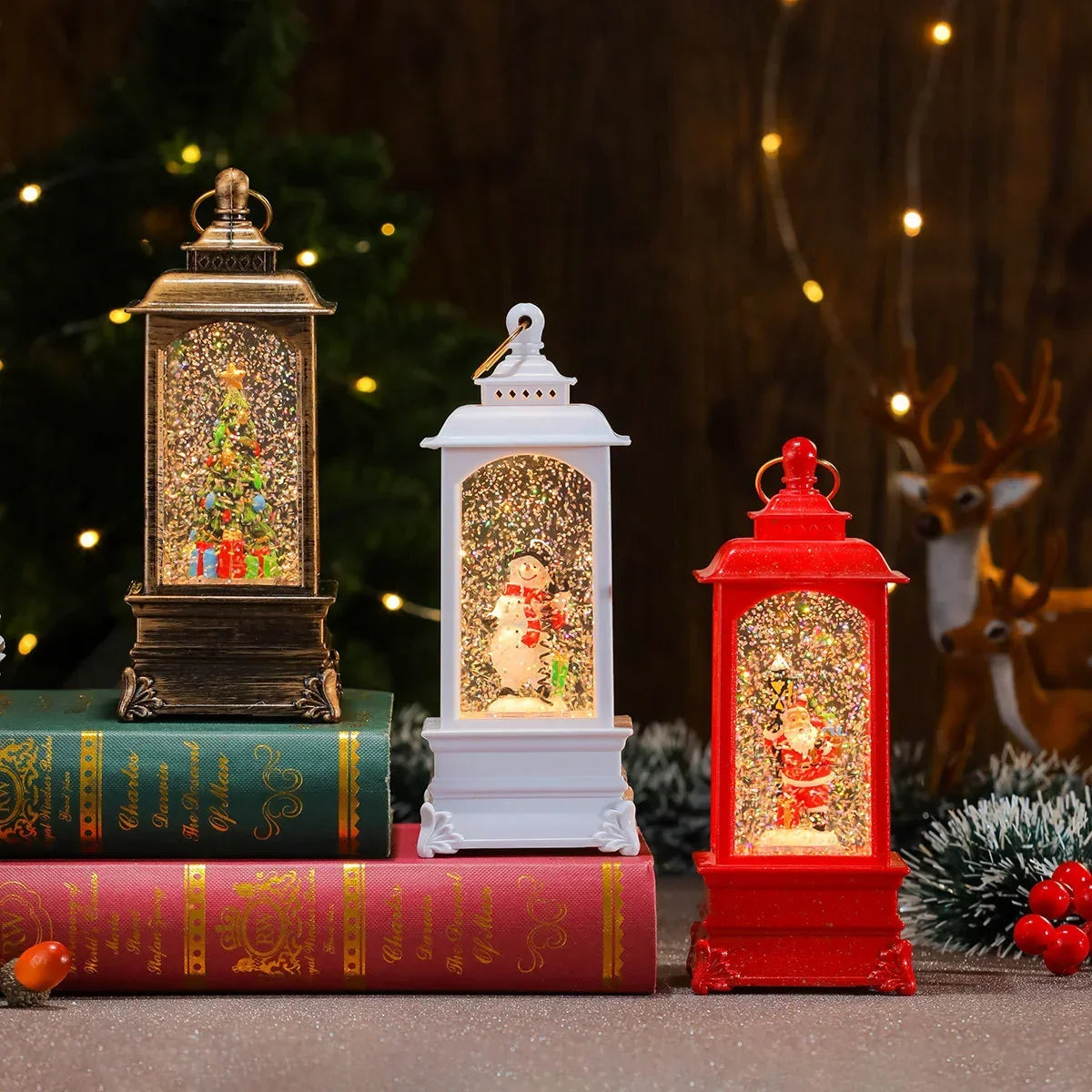 Holiday Lantern Illuminated Snowfall Santa Scene