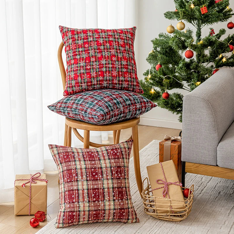 Holiday Pillow Embroidered Snowflake Plaid Plush Insert Included