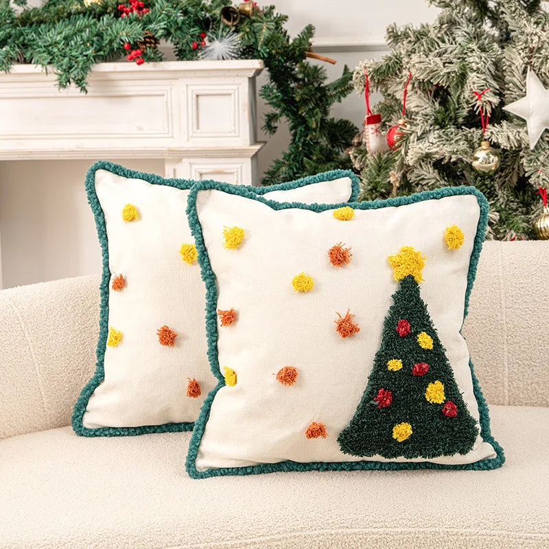 Holiday Pillow Set Tufted Pom Accents Linen-Feel Covers