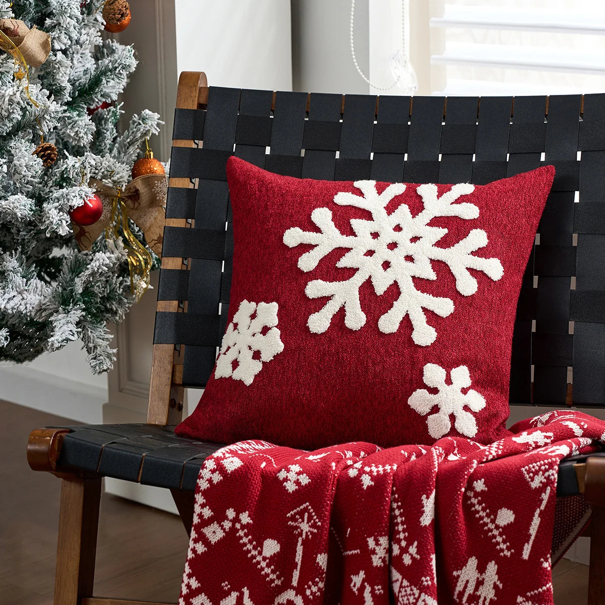 Holiday Throw Pillow Plaid Snowflake Applique Removable Cover