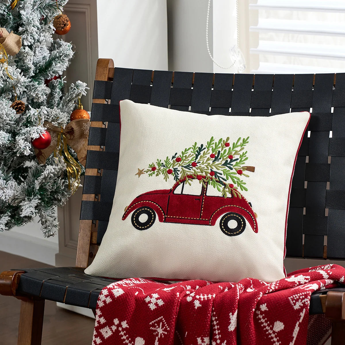 Holiday Throw Pillow Plaid Snowflake Applique Removable Cover