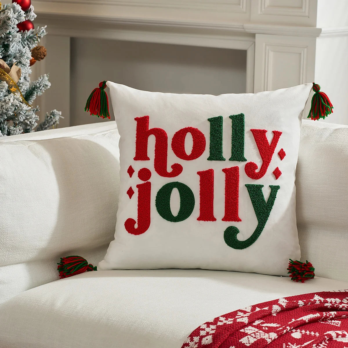 Holiday Throw Pillow Plaid Snowflake Applique Removable Cover