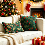 Holiday Throw Pillow Velveteen Embroidered Pom Accents Hidden Zipper