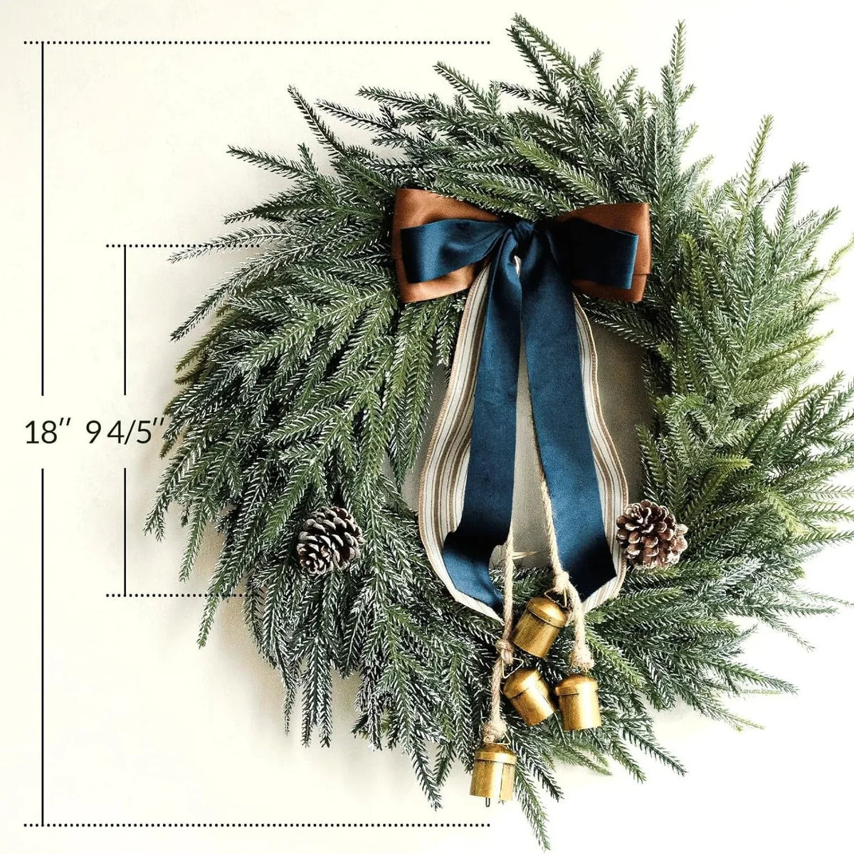 Holiday Wreath Lifelike Faux Evergreen 18 Inch Ribbon & Bells