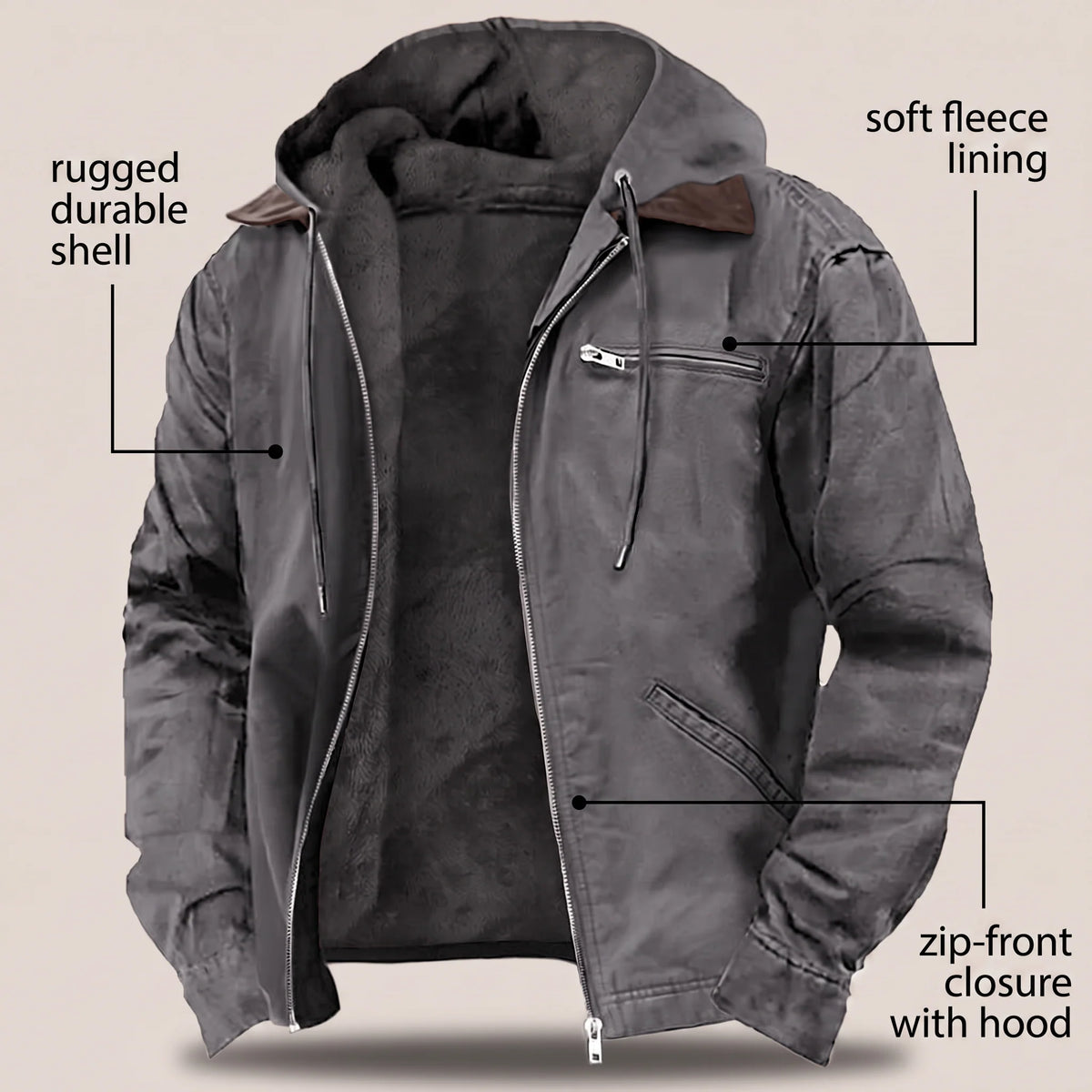 Hooded Jacket Durable Canvas Fleece Lined