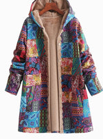 Hooded Jacket Fleece-Lined Boho Patchwork Button-Front Pockets