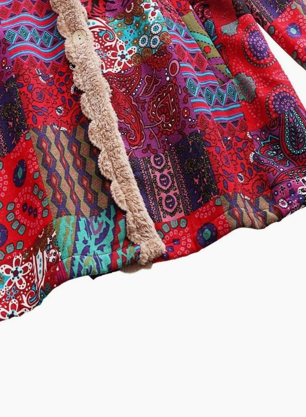 Hooded Jacket Fleece-Lined Boho Patchwork Button-Front Pockets