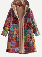 Hooded Jacket Fleece-Lined Boho Patchwork Button-Front Pockets