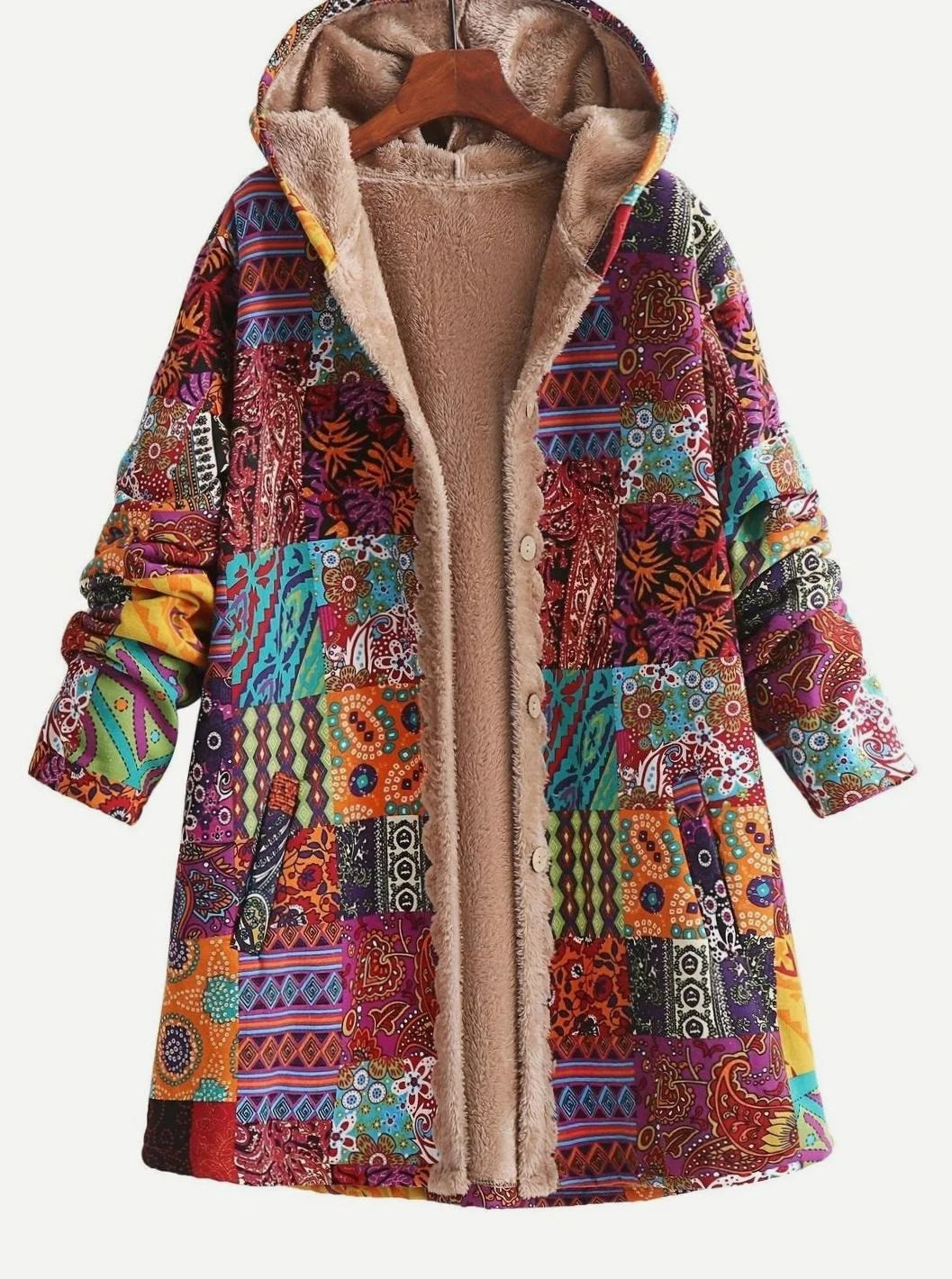 Hooded Jacket Fleece-Lined Boho Patchwork Button-Front Pockets