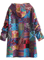 Hooded Jacket Fleece-Lined Boho Patchwork Button-Front Pockets