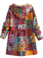 Hooded Jacket Fleece-Lined Boho Patchwork Button-Front Pockets