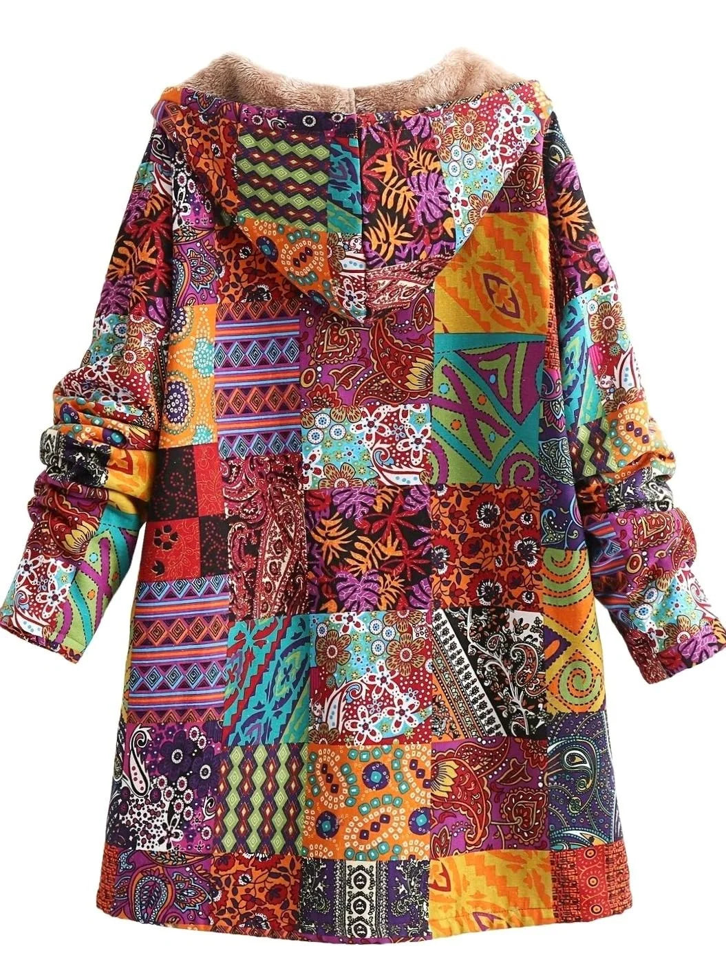 Hooded Jacket Fleece-Lined Boho Patchwork Button-Front Pockets