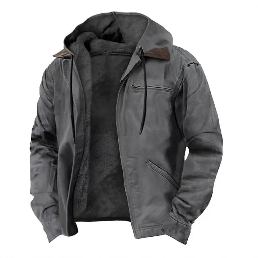 Hooded Jacket Fleece-Lined Zippered Pockets Drawstring Hood