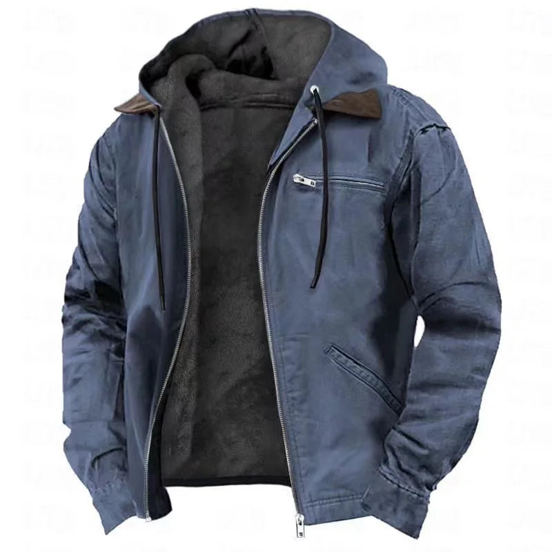 Hooded Jacket Fleece-Lined Zippered Pockets Drawstring Hood