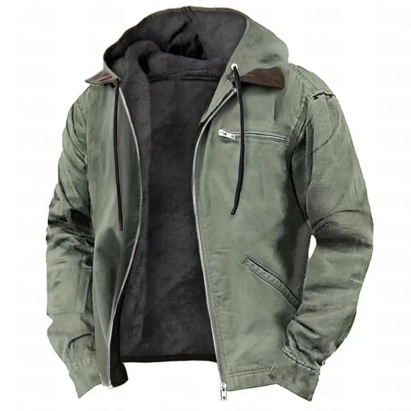 Hooded Jacket Fleece-Lined Zippered Pockets Drawstring Hood