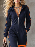 Hooded Jumpsuit Full-Zip Wide-Leg Contrast Stripe