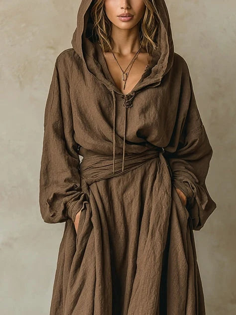 Hooded Maxi Dress Cotton-Linen Blend Stretch Full-Length
