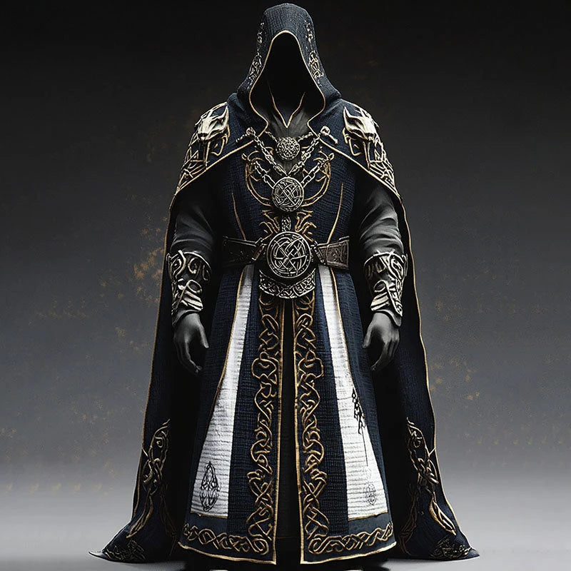 Hooded Robe Black Celtic Embroidery Floor-Length