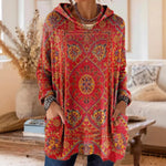 Hooded Tunic Bohemian Print Long Sleeve Relaxed Fit