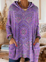 Hooded Tunic Bohemian Print Long Sleeve Relaxed Fit