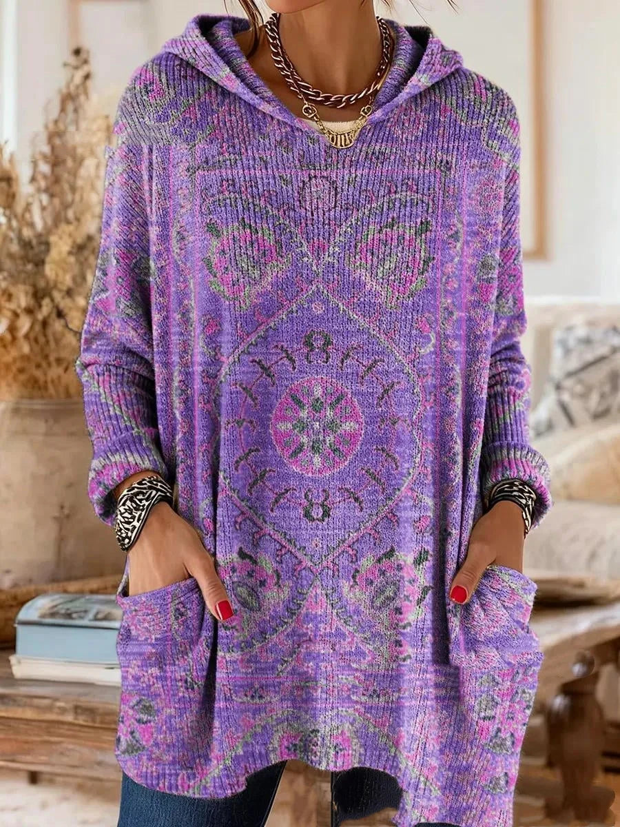Hooded Tunic Bohemian Print Long Sleeve Relaxed Fit