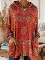 Hooded Tunic Bohemian Print Long Sleeve Relaxed Fit