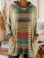 Hooded Tunic Bohemian Print Long Sleeve Relaxed Fit