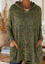 Hooded Tunic Bohemian Print Long Sleeve Relaxed Fit