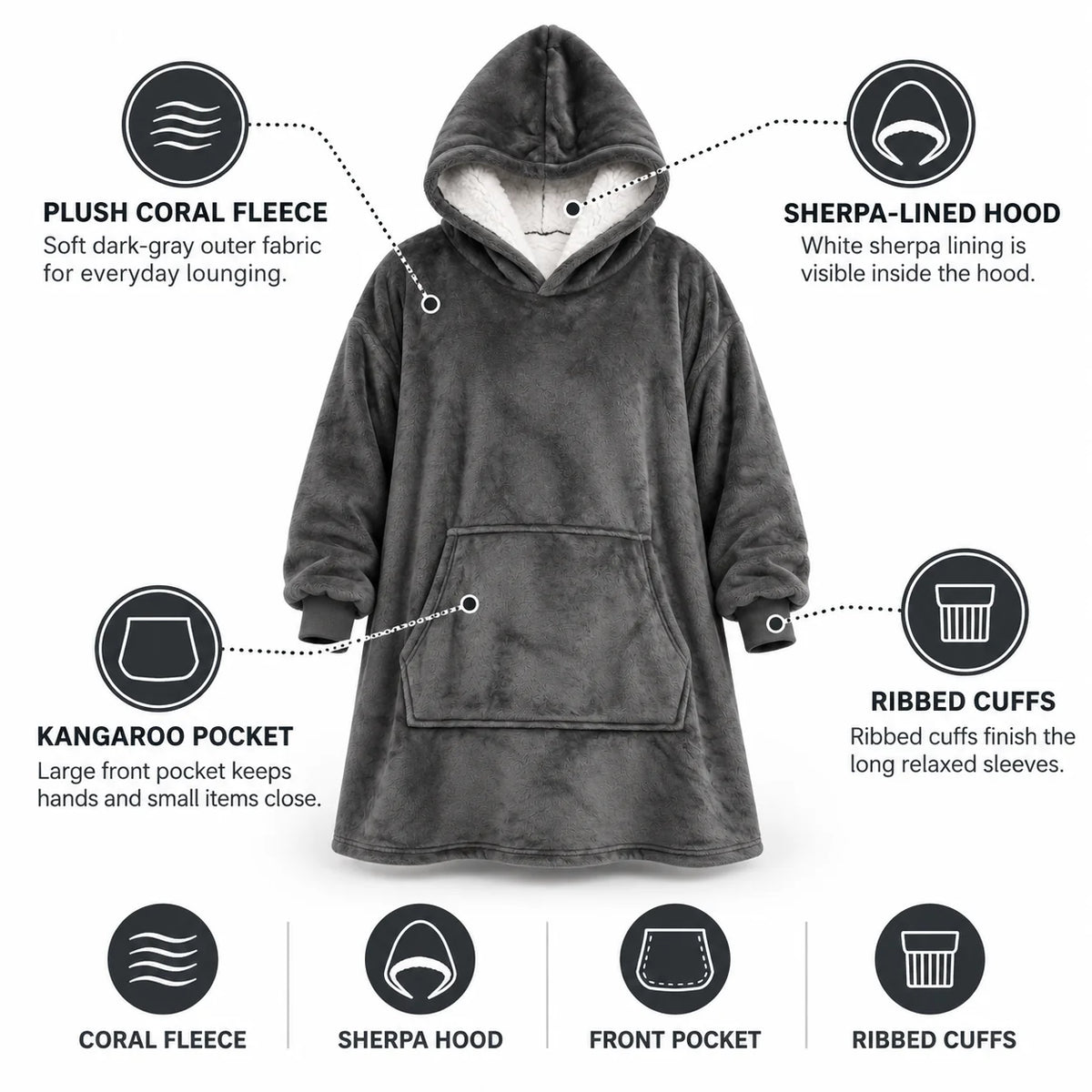 Hoodie Blanket Sherpa Fleece Oversized Fit Hood & Front Pocket