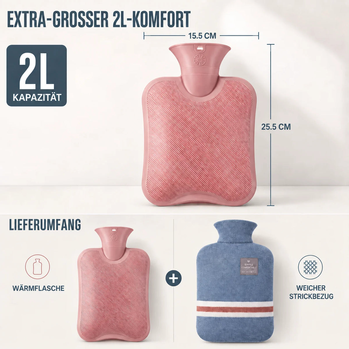 Hot Water Bottle Knitted Cover 33.8-Ounce Capacity Up to 8-Hour Warmth