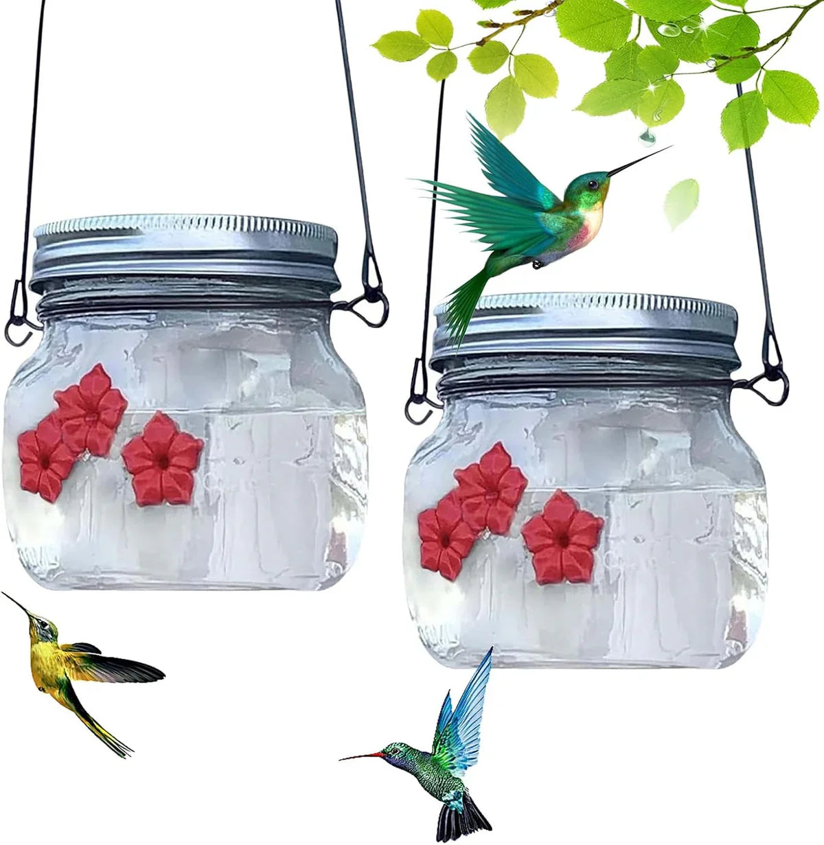Hummingbird Feeder Clear Jar Four Ports Set of 2
