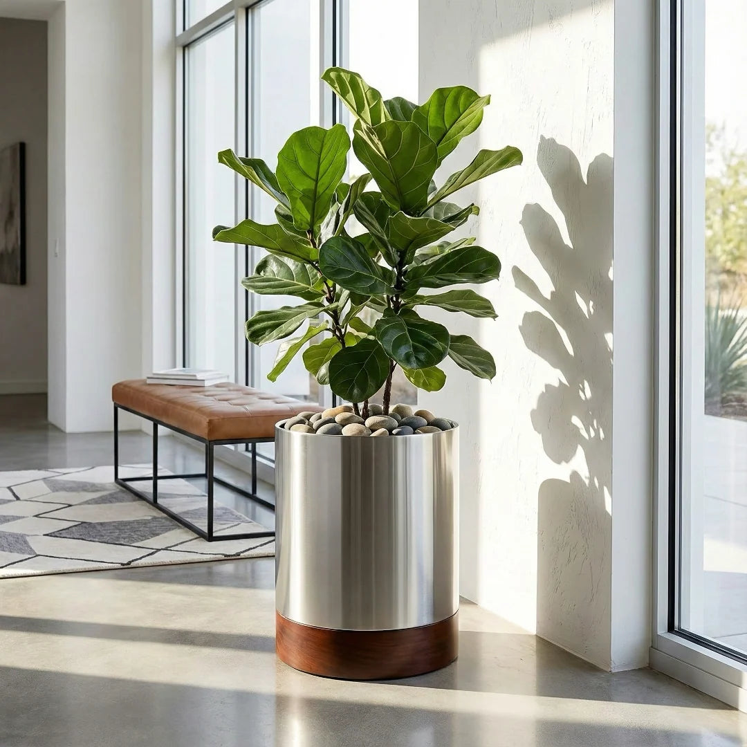 Indoor Planter Stainless Steel Hardwood Base