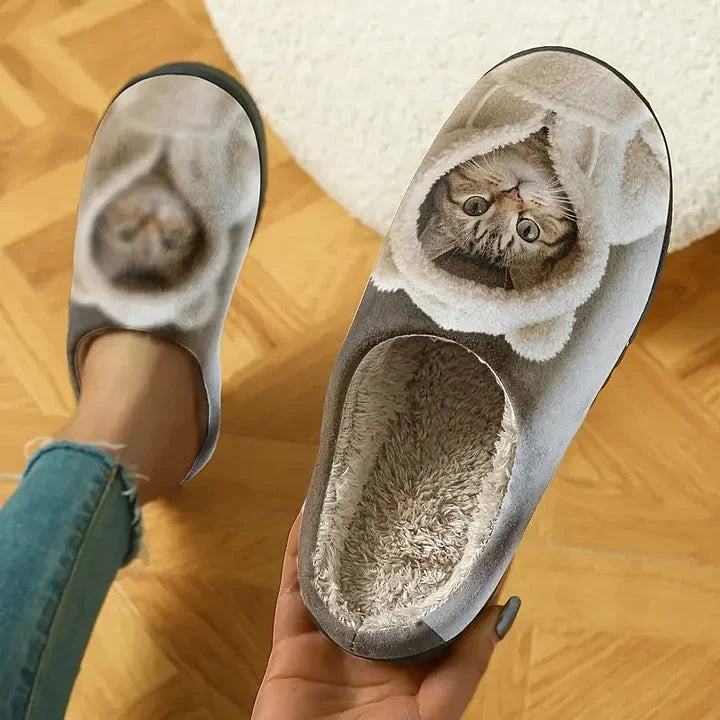 Indoor Slippers Faux Fur Lining Non-Slip Sole 3D Cat Face
