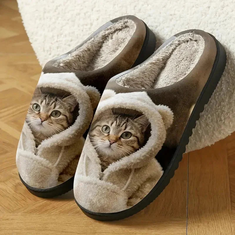 Indoor Slippers Faux Fur Lining Non-Slip Sole 3D Cat Face