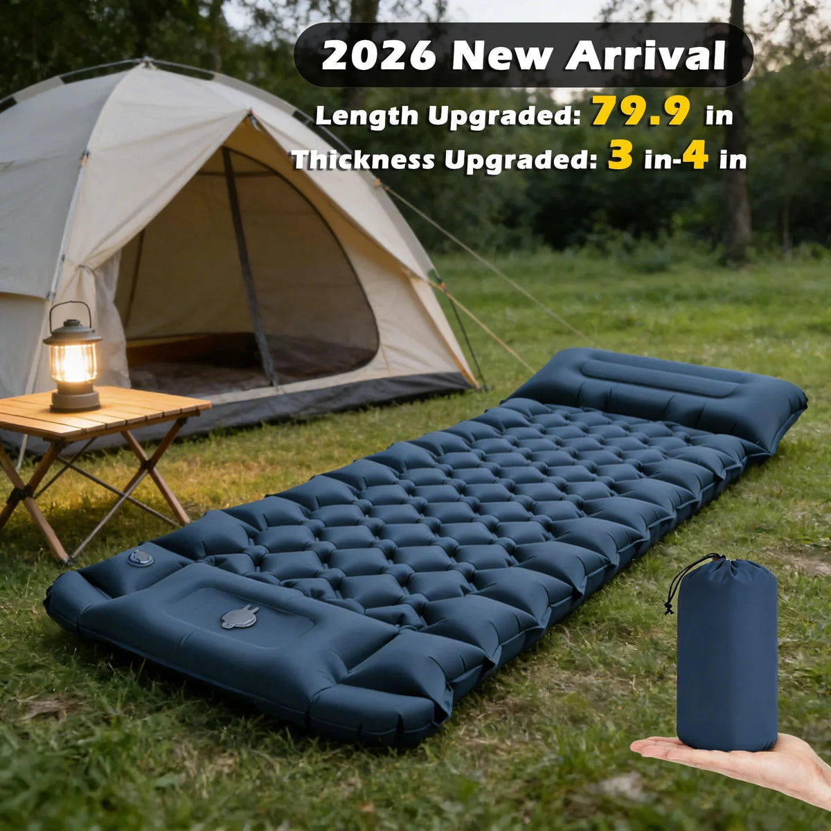 Inflatable Camping Mattress Integrated Pillow & Foot Pump Water-Resistant Nylon