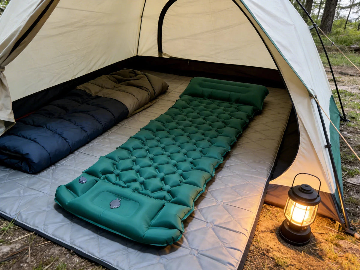 Inflatable Camping Mattress Integrated Pillow & Foot Pump Water-Resistant Nylon