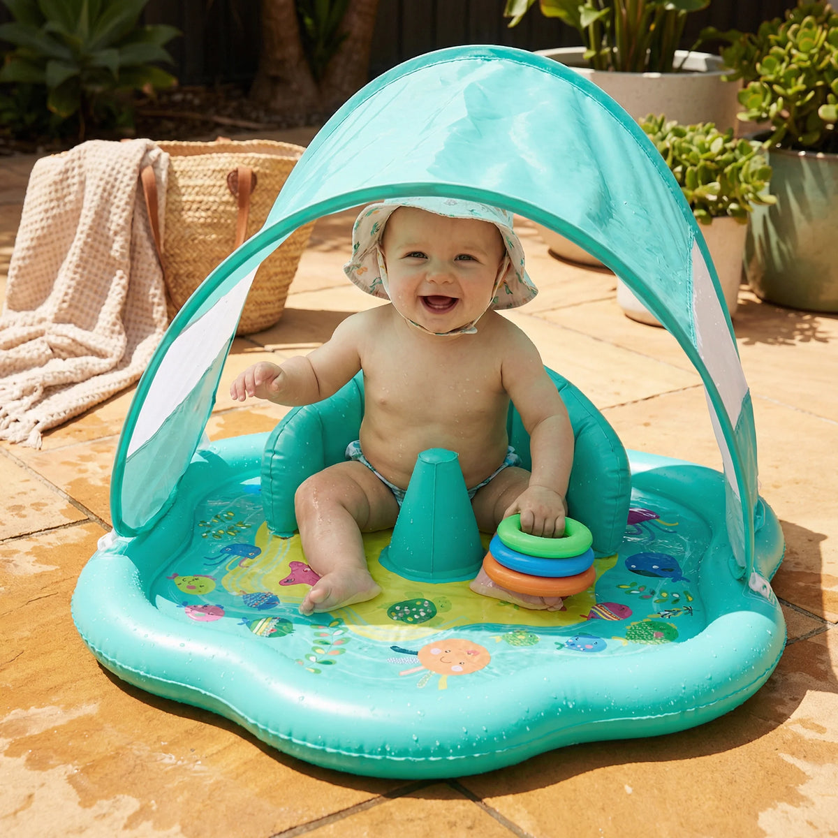 Inflatable Water Play Mat Integrated Sun Canopy