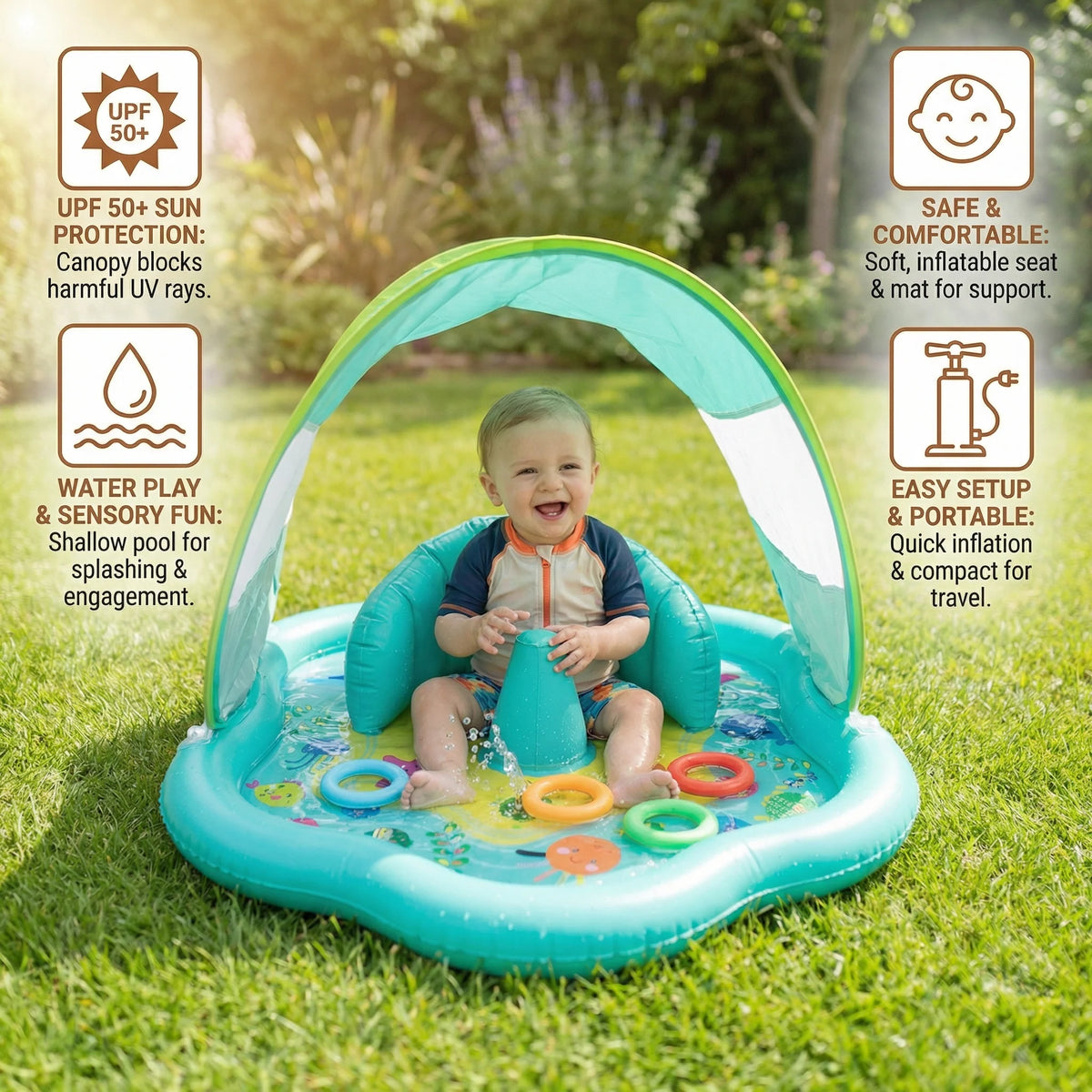 Inflatable Water Play Mat Integrated Sun Canopy