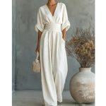Jumpsuit V-Neck Fitted Waist Wide-Leg Pants