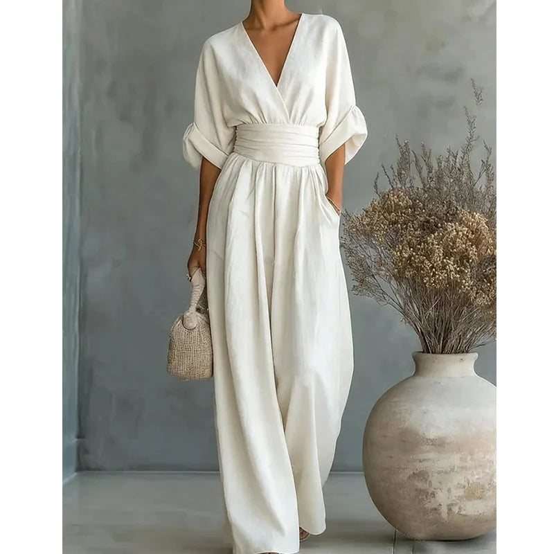 Jumpsuit V-Neck Fitted Waist Wide-Leg Pants