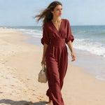 Jumpsuit V-Neck Fitted Waist Wide-Leg Pants