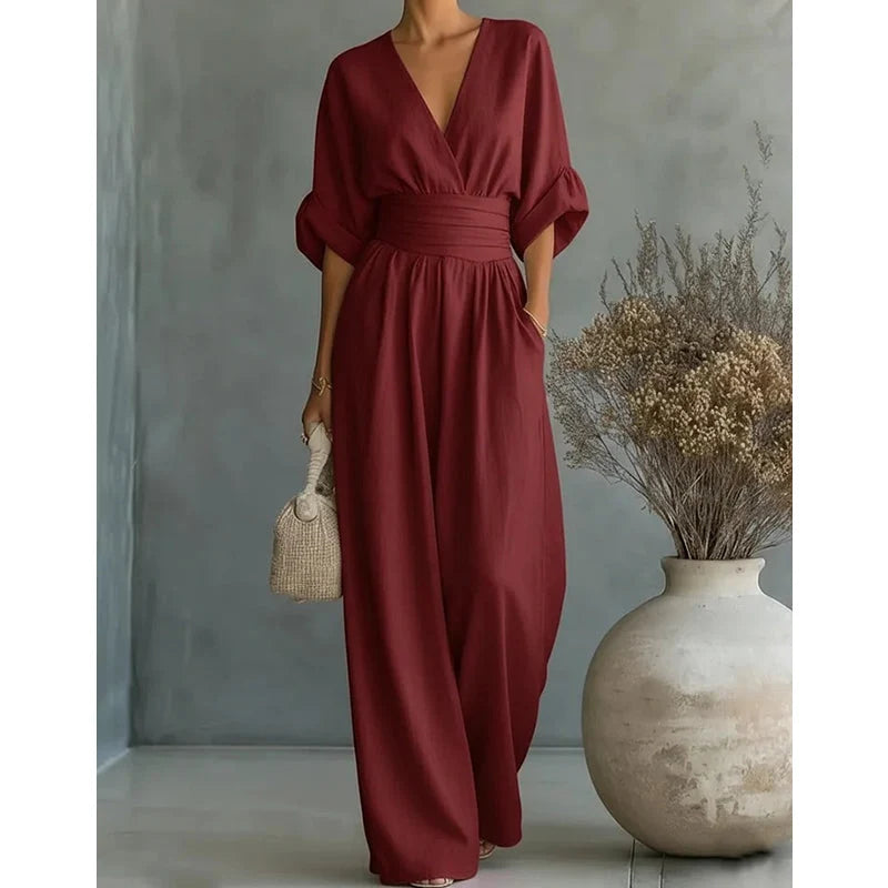 Jumpsuit V-Neck Fitted Waist Wide-Leg Pants
