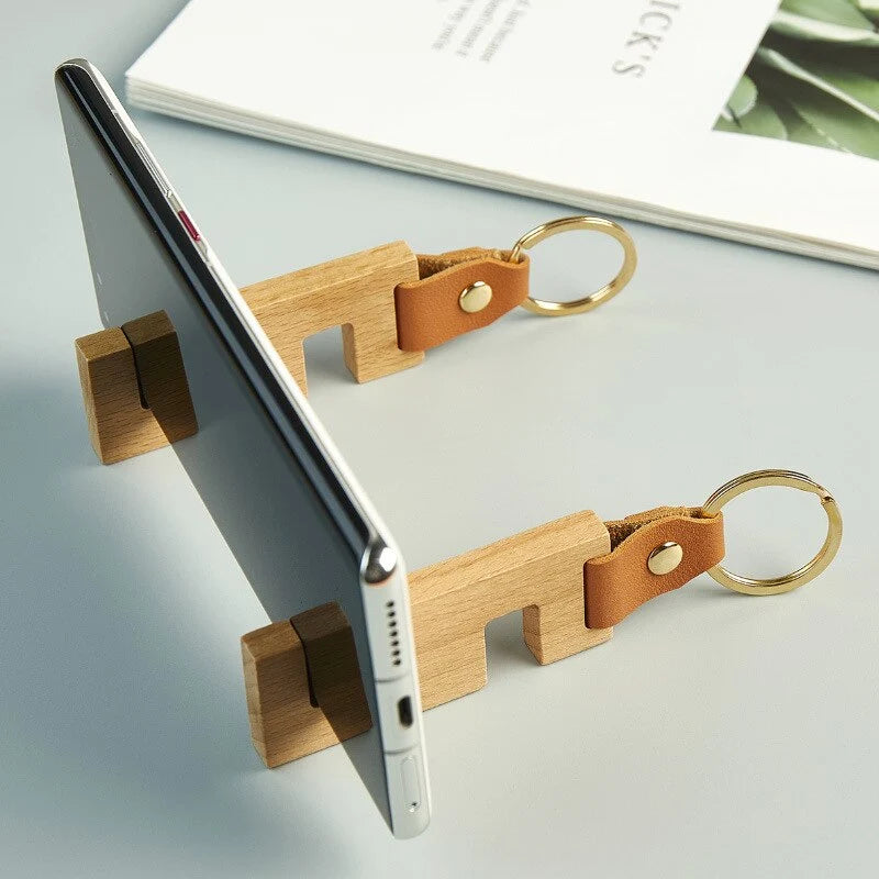 Keychain Phone Stand Handmade Natural Wood Portable