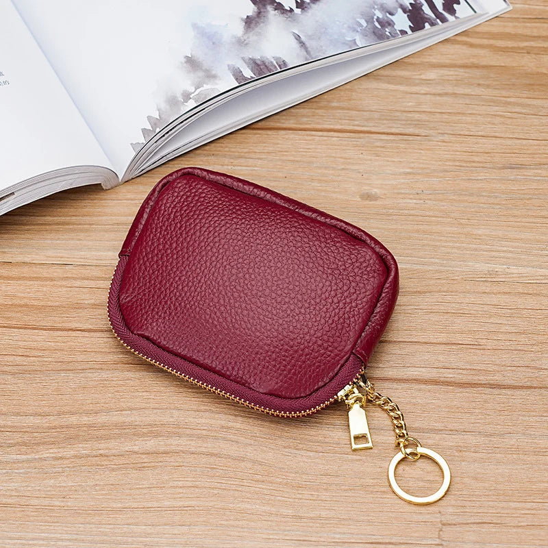 Keychain Pouch Leather Zipper Closure Compact Storage