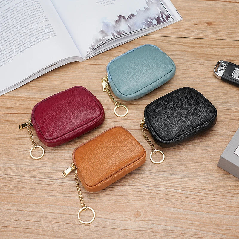 Keychain Pouch Leather Zipper Closure Compact Storage