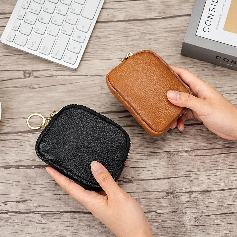 Keychain Pouch Leather Zipper Closure Compact Storage
