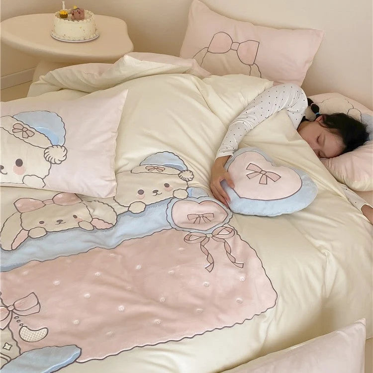 Kids Bedding Set Cotton Blend Plush Animal Appliqués Machine Washable