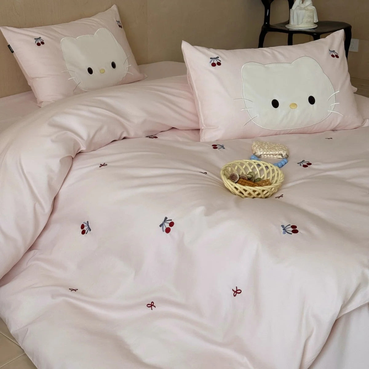 Kids Bedding Set Cotton Cat & Cherry Embroidery