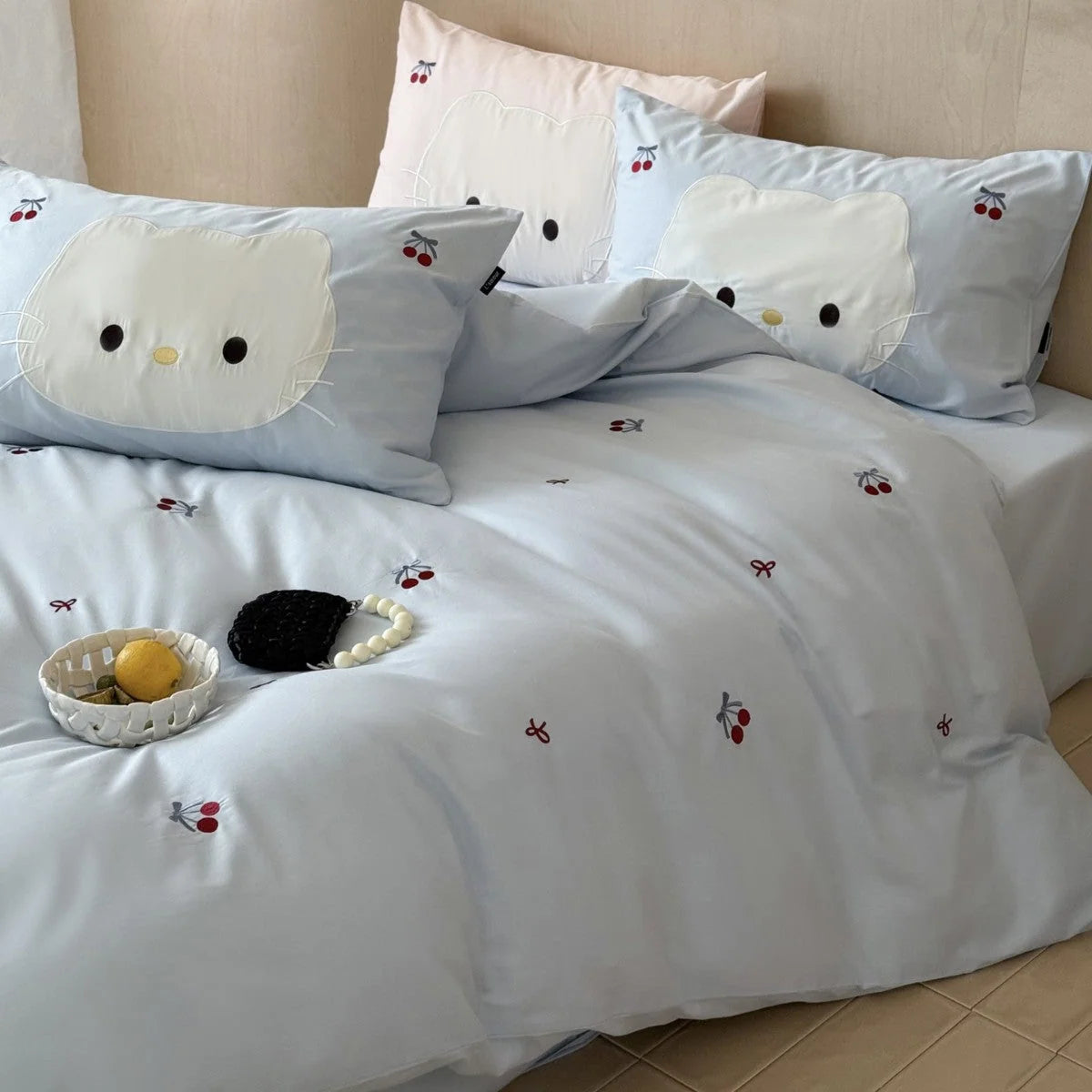Kids Bedding Set Cotton Cat & Cherry Embroidery